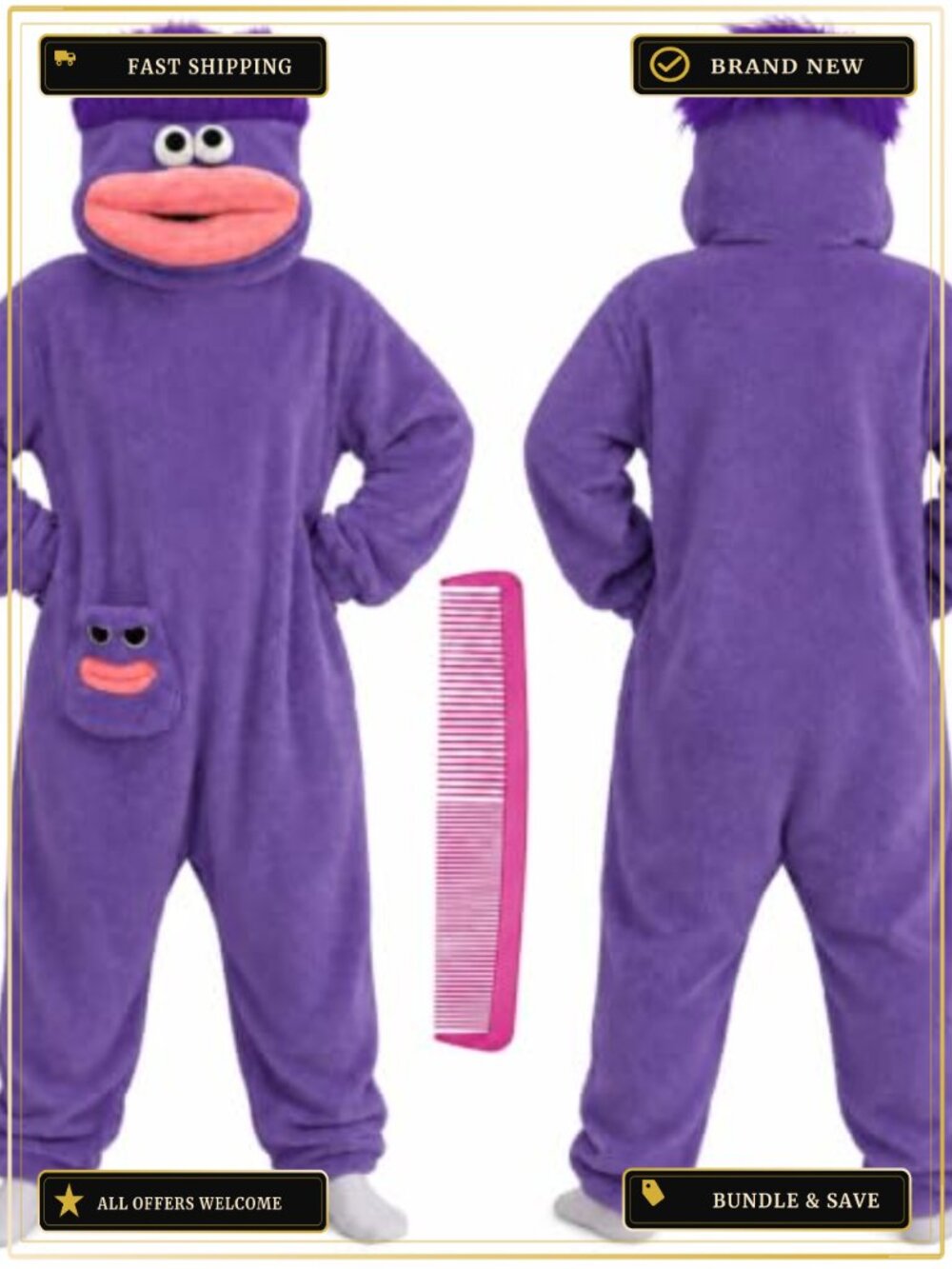 Plush Fleece One-Piece Pajama Adult Funny Monster Hooded Zip Sleepwear